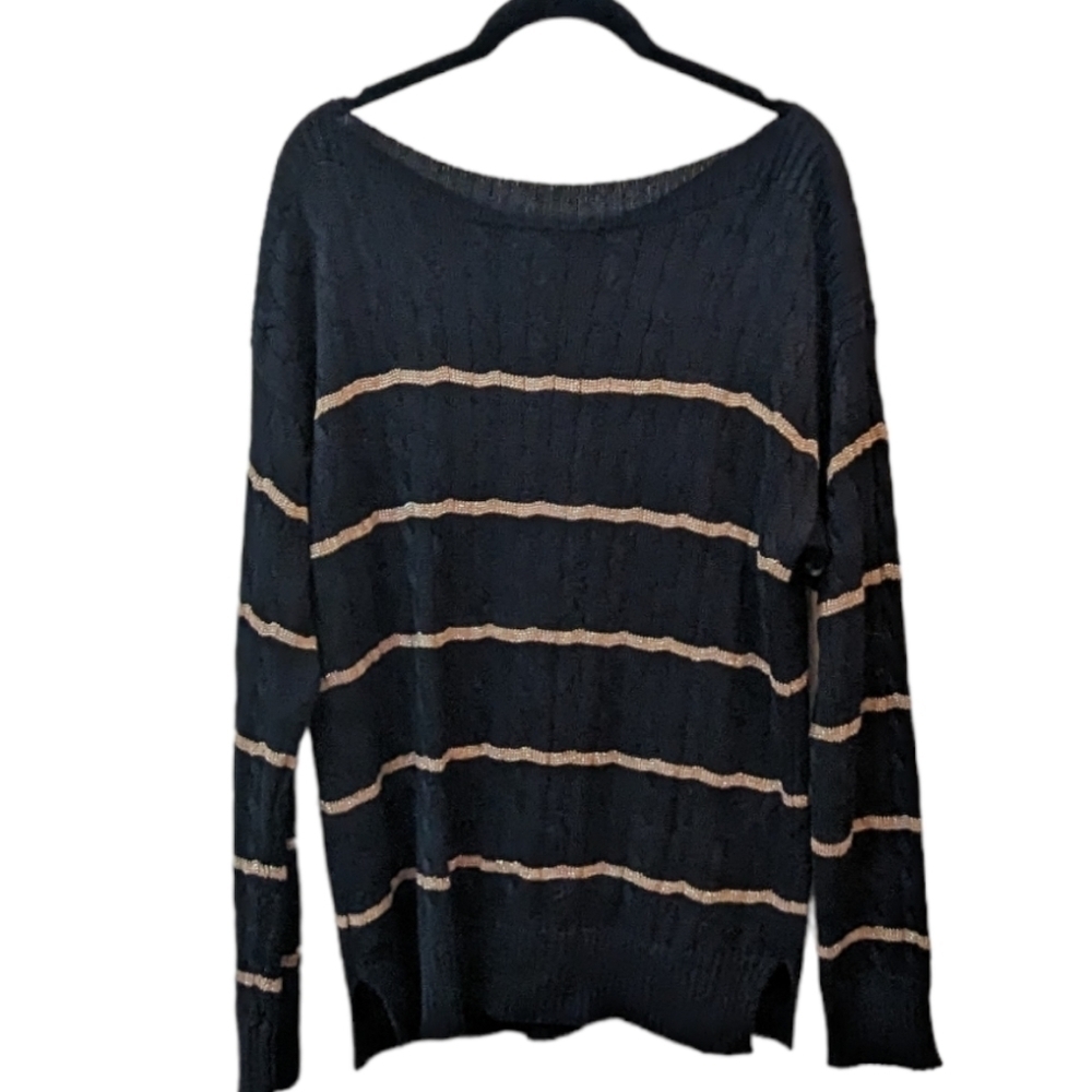 Lauren Ralph Lauren Black & Gold Striped Long Sleeved Boatneck Sweater (L)